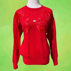 Vintage Pearl Bow Coquette Embroidered Beaded Sweater